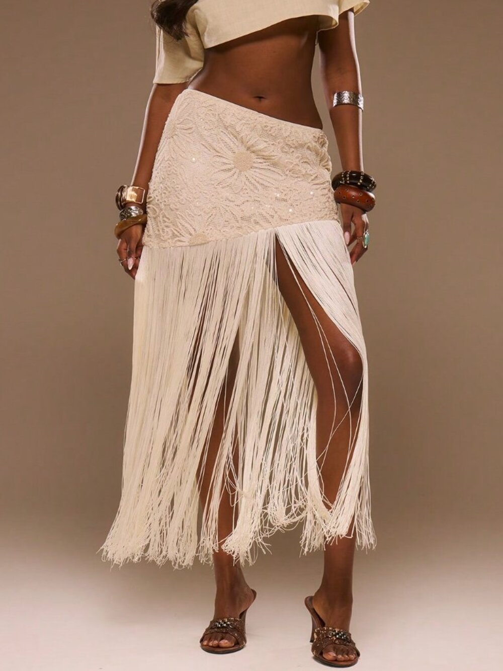 Cream Sun Patterned Lace Fringed Women's Midi Skirt - Picture 3 of 6